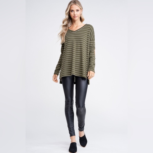 NWT White Birch Striped Waffle Long Sleeve Top With Suede Elbow Patch, Olive - Picture 4 of 6